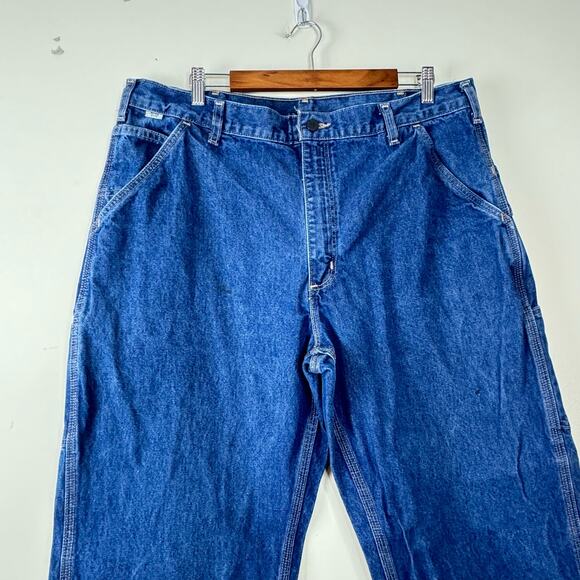 Carhartt Blue Flame-Resistant Signature Denim Dungaree Jeans Size 38x30 - Picture 2 of 8